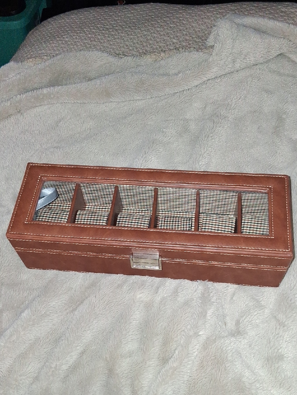 Brown Leather 6-Slot Watch and Jewelry Organizer with Glass Top